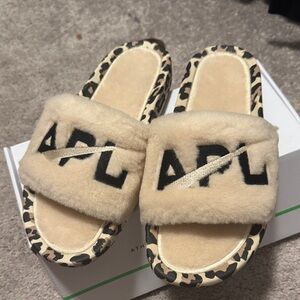 APL womens Shearling Slide Sandals with Leopard-Print